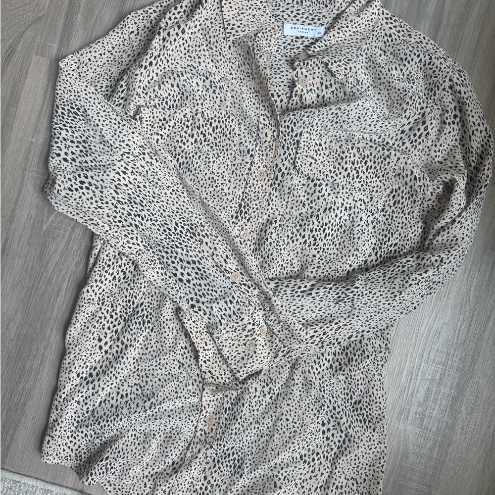 Equipment Tan and Black Leopard Print Blouse | 100% silk